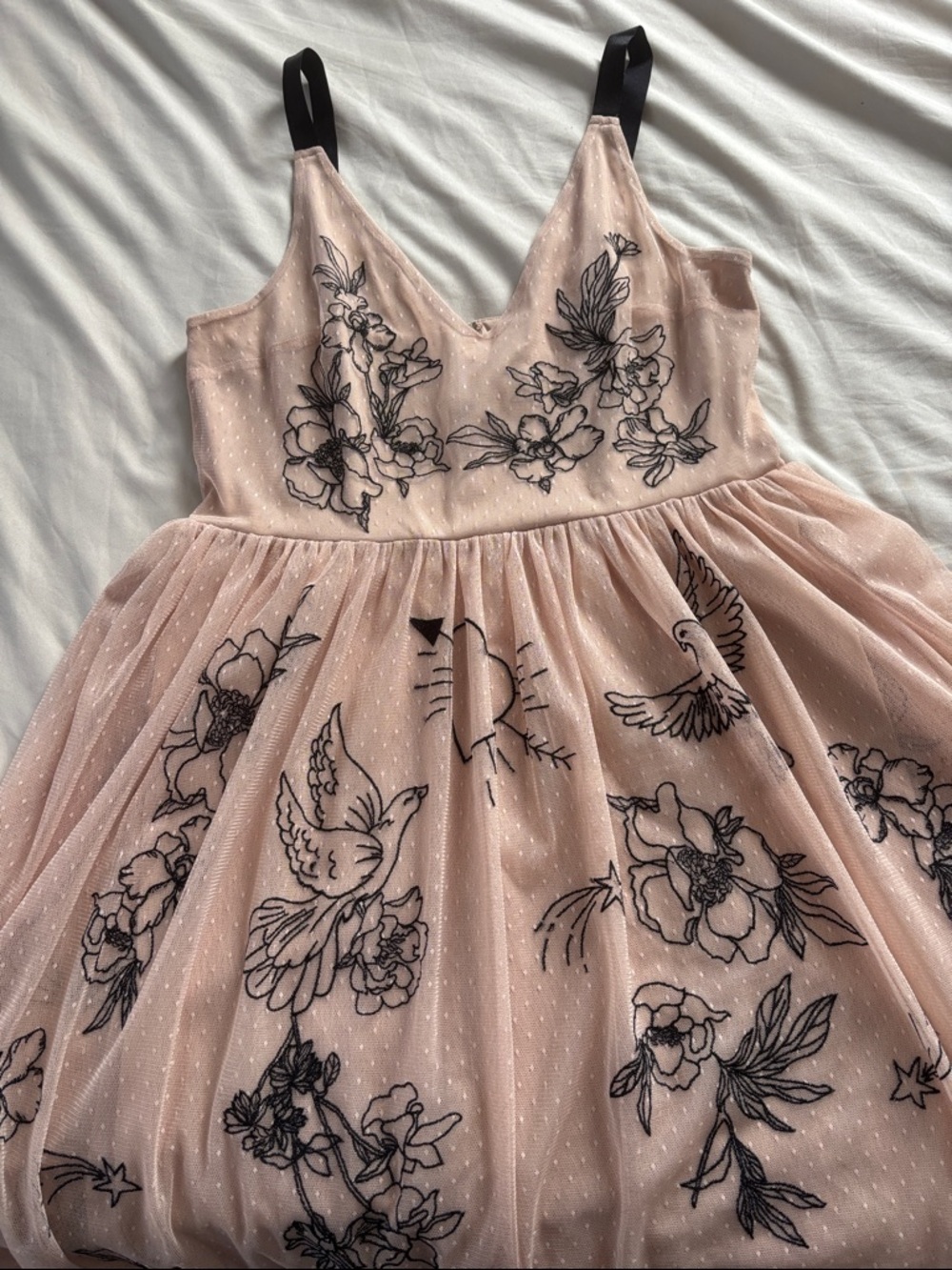 Rose Embroidered Tulle Dress with Black Floral & Bird Design